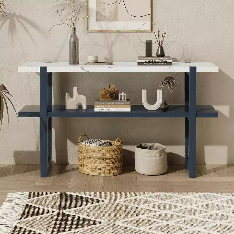 MAYEERTY Console Table with Marble Effect Top Open Shelf For Hallway Living Room Navy