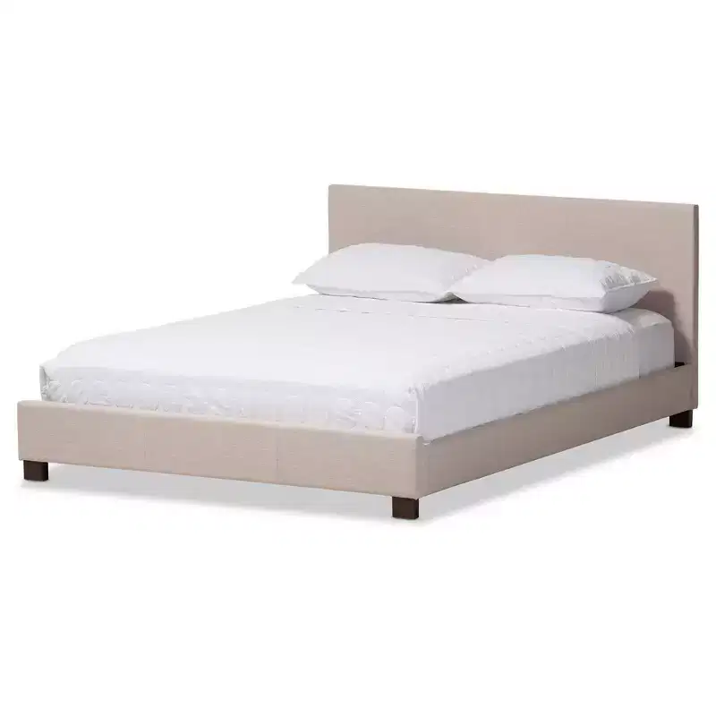 Queen Platform Bed with Panel-Stitched Upholstered Headboard – Light Beige Polyester, No Box Spring