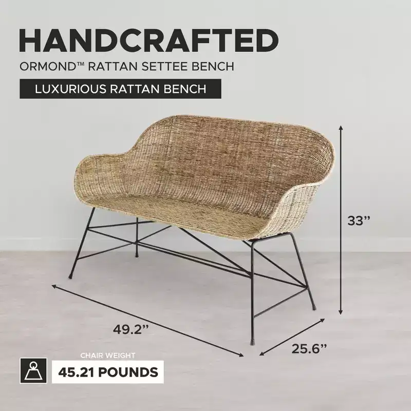 texxture Ormond Woven Rattan Settee, Indoor Outdoor Dining or Kitchen Accent Furniture for Table or Porch with Metal Legs, Natural