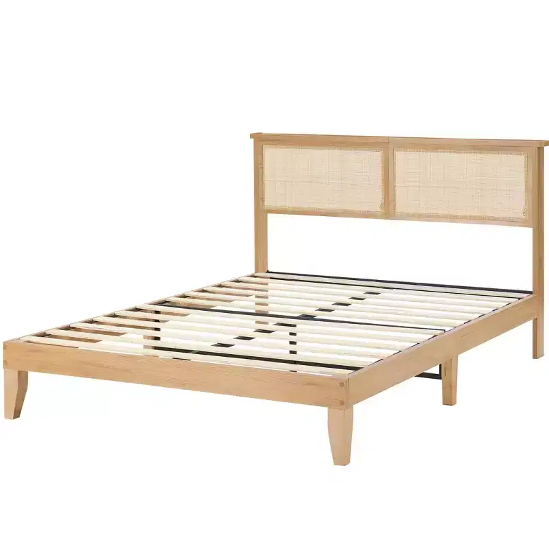 Rattan Bed Frame with Natural Rattan Headboard, Queen Bed Frame with LED Lights, Rattan Queen Bed Frame with Headboard