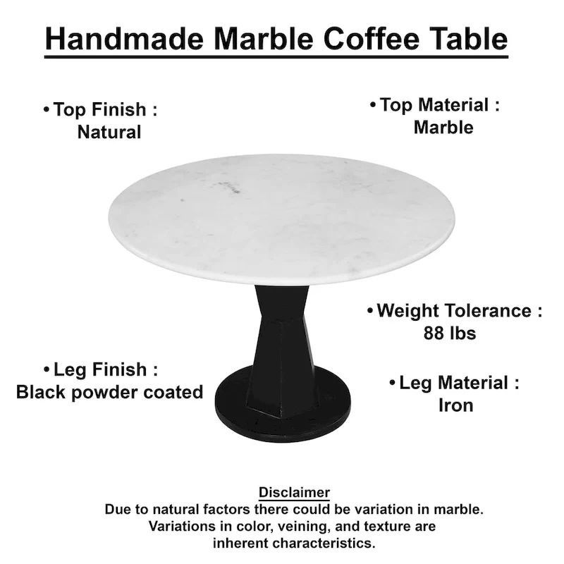 Riko Coffee Table, White Marble Top on Modern Iron Stand, Round Table, 27