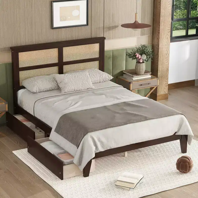 Whisen Full Size Bed with Rattan Headboard and Storage Drawers