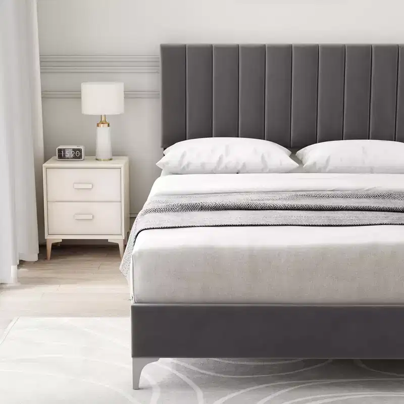 Garvee Velvet Full/Queen Bed Frame, Adjustable headboard, Wooden slats, No Box Spring. Easy Assembly, Gray