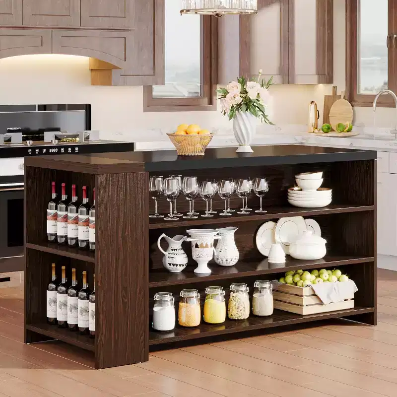 55 Kitchen Island with 5 Shelves, Farmhouse 5-Tier Stationary Island Table, Wood Bar Table Storage Cabinet with Countertop
