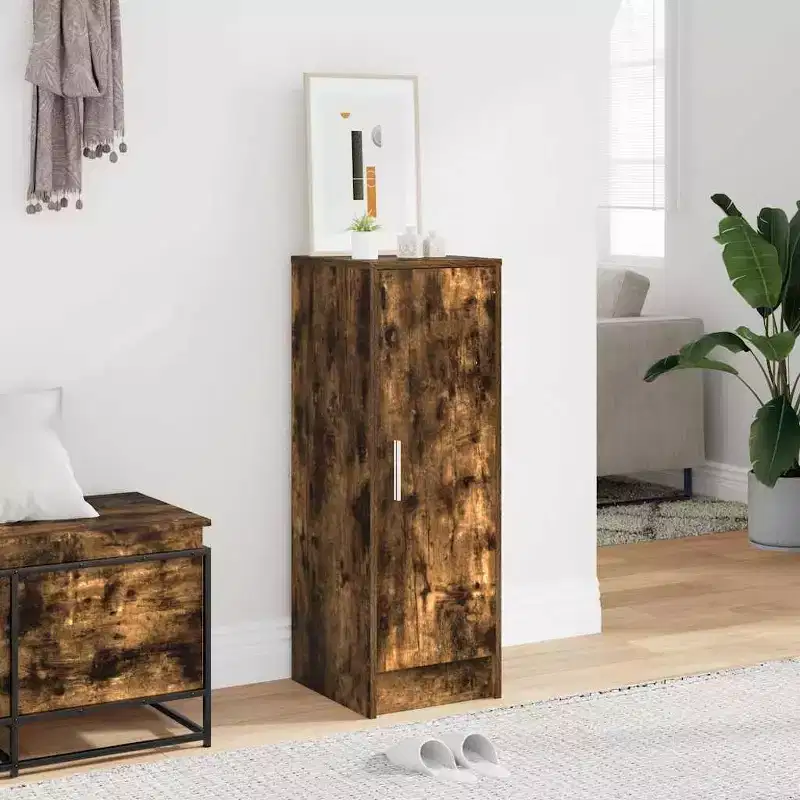Shoe Cabinet, Smoked Oak Engineered Wood, 6 Compartments, 1 Door, Freestanding for Hallway/Entryway