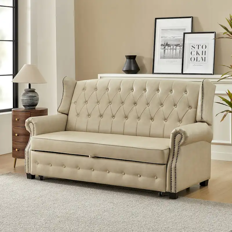 Transitional 73.6 Vegan Leather Sofa Bed with Tufted Back and Nailhead
