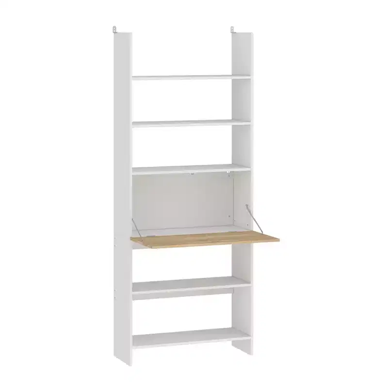 Famapy White Wall-Mounted Bookshelf & Display Rack with Hidden Drop-Down Desk & LED Lighting