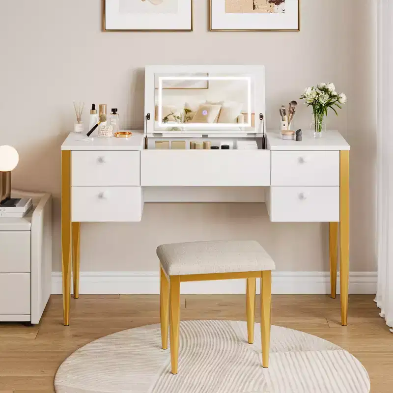 Bedroom Makeup Vanity Desk, Modern Flip Top Vanity Set, 5 Drawers, Stool Chair, 3 Lighting Modes, for Bedroom, Living room