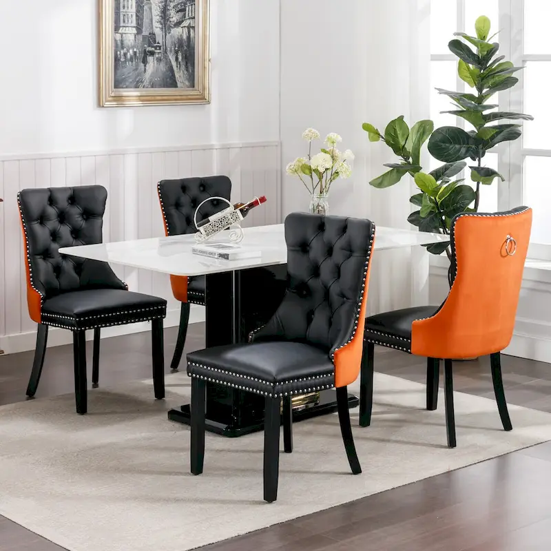 High Back Dining Chairs Set of 2, Upholstered PU Leather Kitchen Chairs Side Chair with Rear Handle Wood Legs