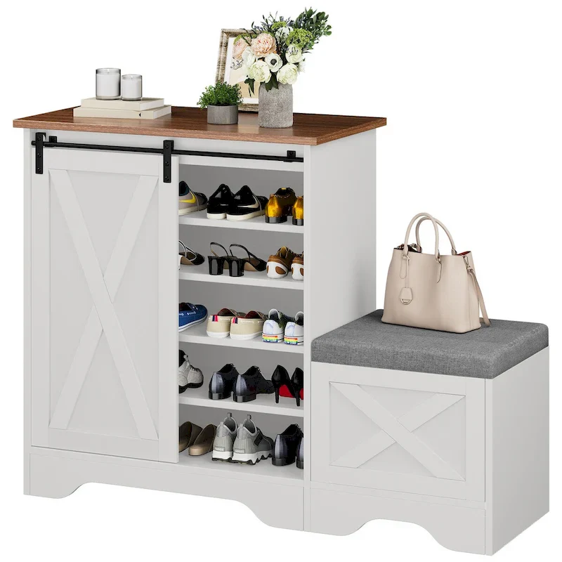 Farmhouse Shoe Cabinet Bench with Sliding Barn Door – 5-Tier, Holds 20 Pairs