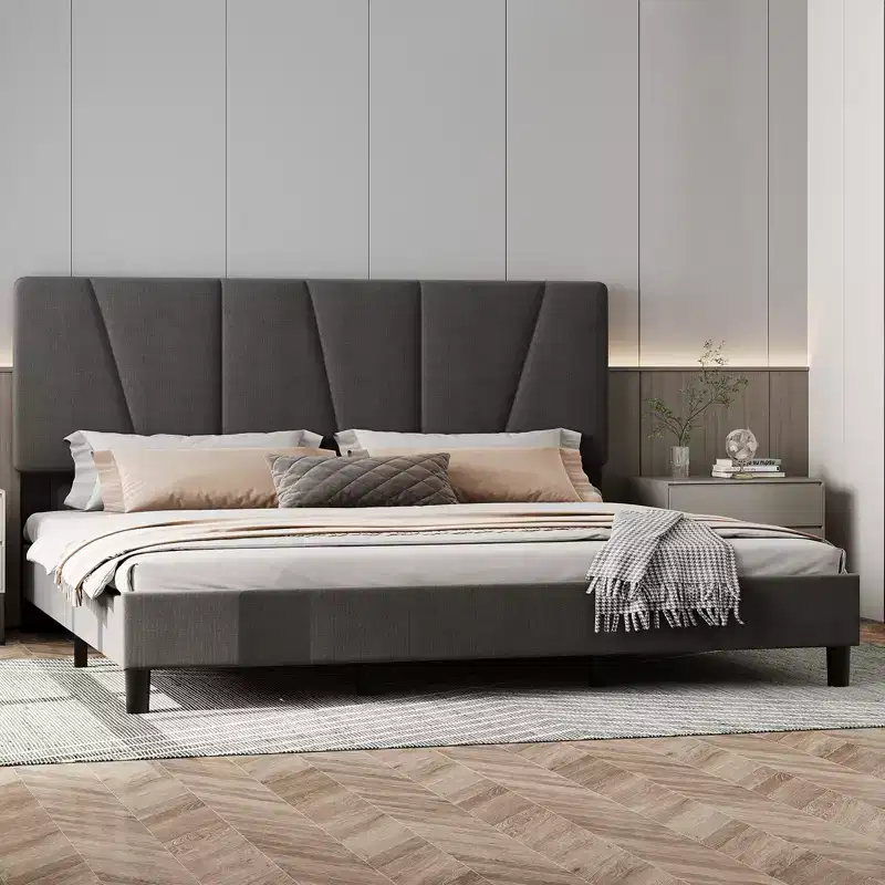 King Size Bed Frame with Adjustable Headboard, Upholstered King Platform Bedframe with Strong Wooden Slats, Mattress Foundation
