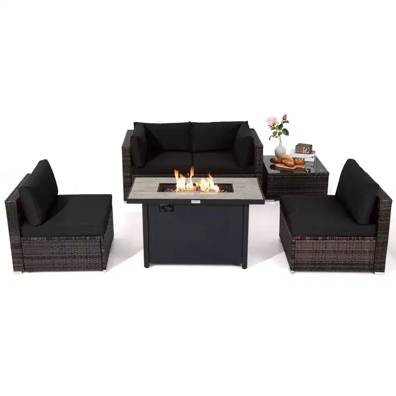 Costway 6PCS Patio Furniture Set Rattan Cushioned Sofa Gas Fire Pit Table Black/Turquoise/Red/Off-white/Navy