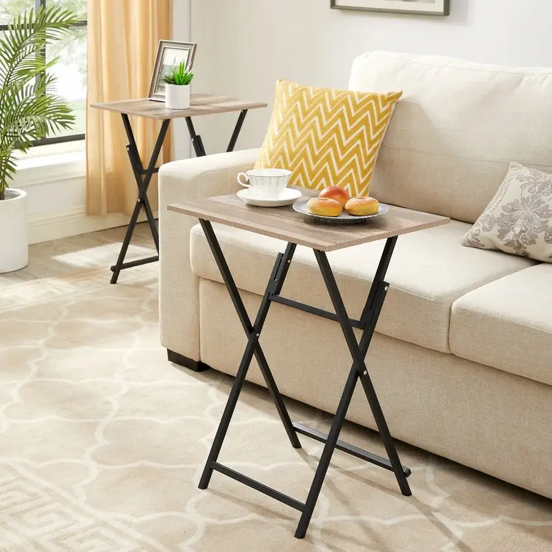 2-Piece Folding TV Tray Table Noassembly Required Portable Sofa Side Table,Snack Table for Small Spaces, Rustic Brown and Black