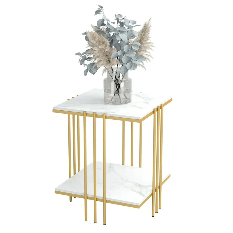 Marble Top Side Table 2 Tier Square Accent End Tables