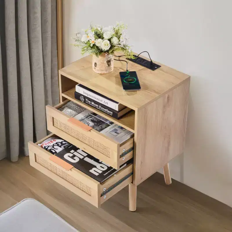 Rattan Nightstand with Built-In Charging Station Boho Bedside Table with 2 Drawers Open Shelf Solid Pine Wood Legs 2 AC and 3 USB Ports