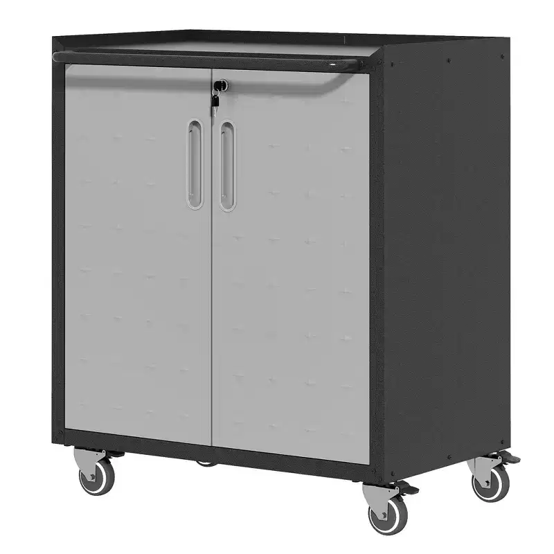 VIYET 34H Heavy-Duty Steel Garage Cabinet with Wheels & Lock - Adjustable Shelves, Black+Gray Diamond-Plate Design (Garage/Home/Office/Workshop)