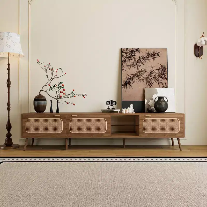 TV Stand for up to 85 TV, Entertainment Center with Open Shelves & Rattan Doors, Console Table, Walnut