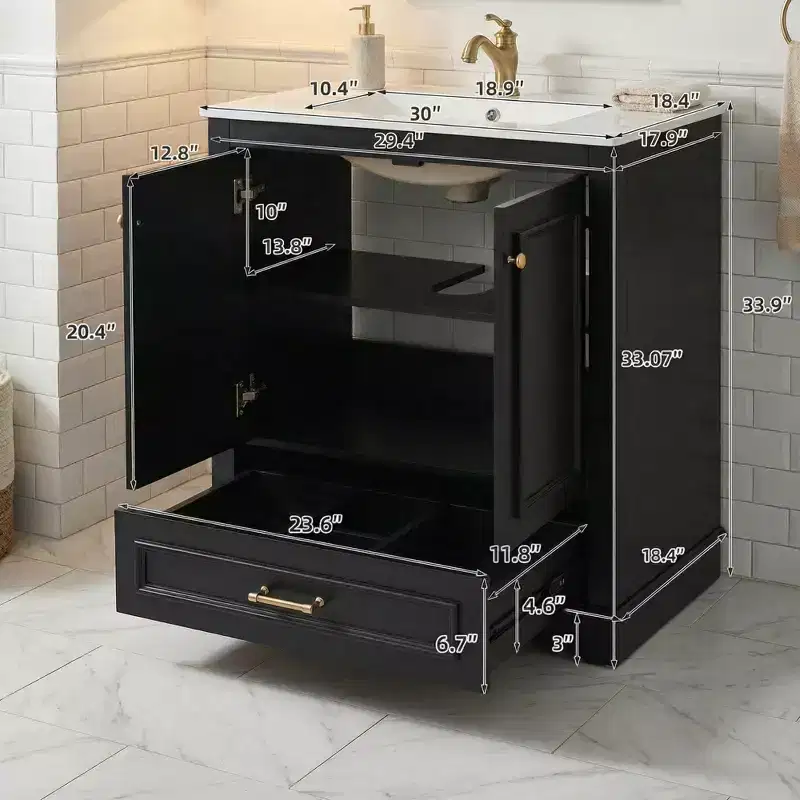 JVNOXK 30 Solid Wood Frame Bathroom Vanity with Ceramic Sink & 2 Soft-Close Doors
