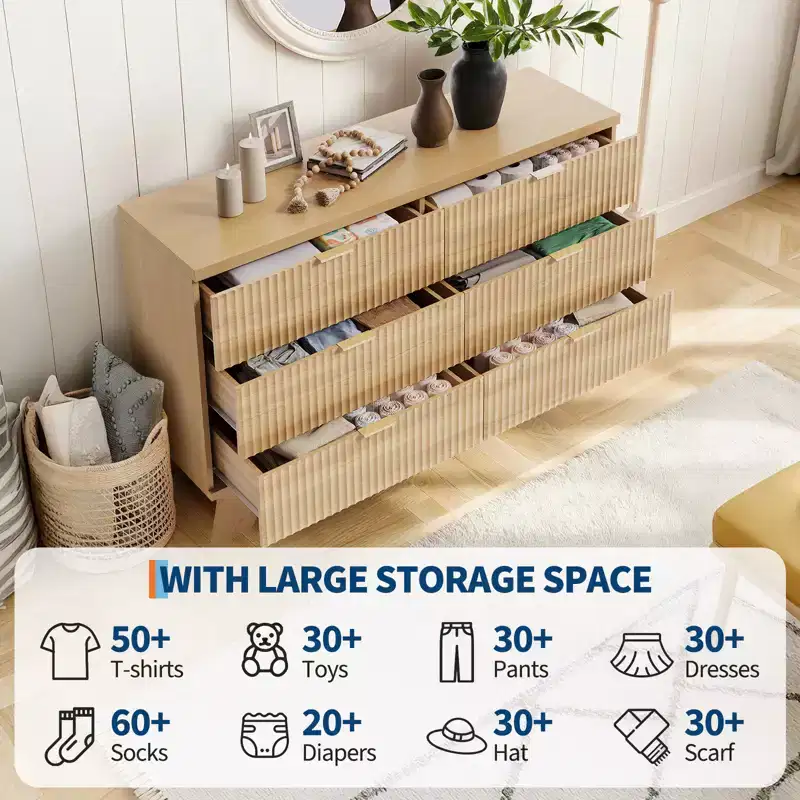 Spacious Storage Solution - 6 Drawer Dresser for Bedroom - Wide Fluted Chest with Gold Handles - Modern Organizer & TV Stand - Natural Oak