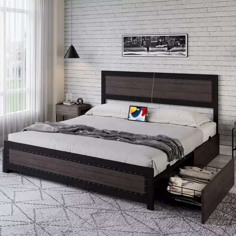 Full Size Bed Frame with 4 Storage Drawers, Metal Slats Support, No Box Spring Needed, Noise-Free Design