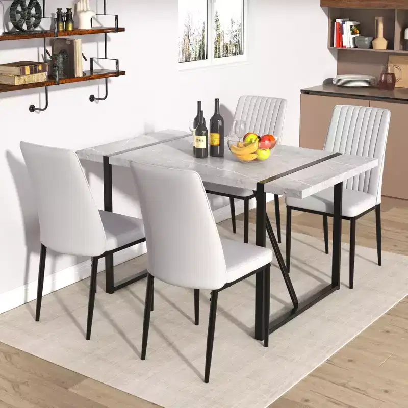 Rectangular Dining Table with Faux Marble Top and Metal Base Kitchen Table for 6 for Dining Room, Gray