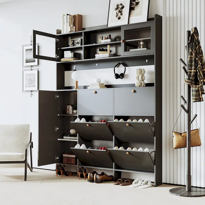Shoe Cabinet with Storage Shelf & 6 Flip Drawers,Large Hall Tree with Tempered Glass Doors, Elegant Foyer Cabinet with 4 Hooks