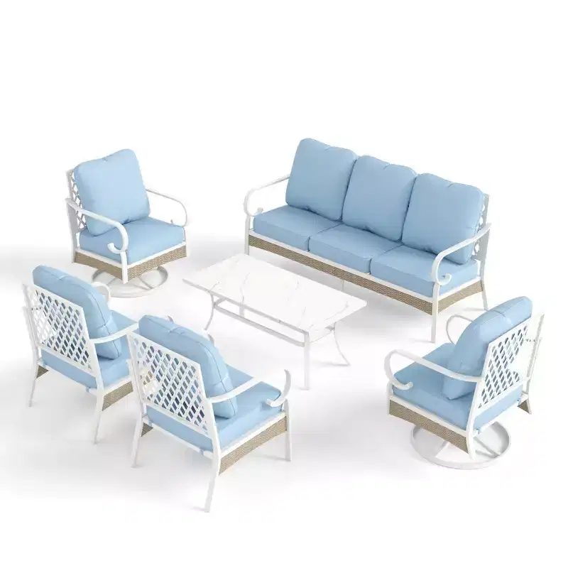 Captiva Designs 6pc Extra Large Metal and Rattan Outdoor Patio Conversation Set with Swivel Grid-back Chairs and Table