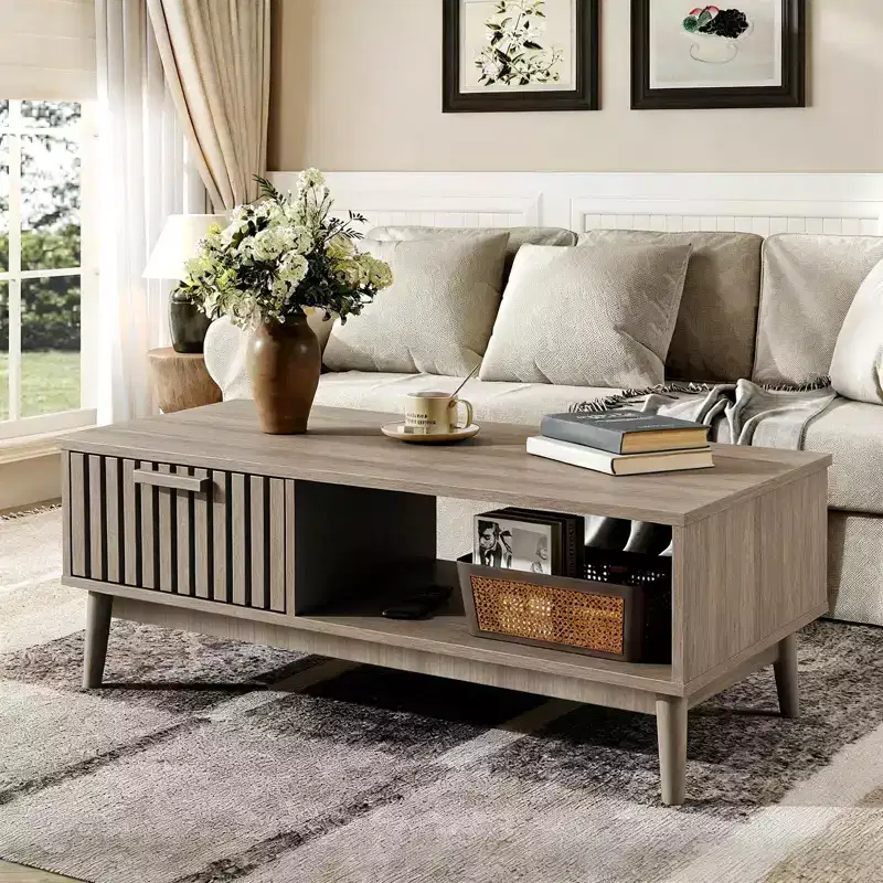 39.4 Coffee Table with Drawer and Open Shelf, Mid Century Modern 2 Tier Rectangle Center Table for Living Room