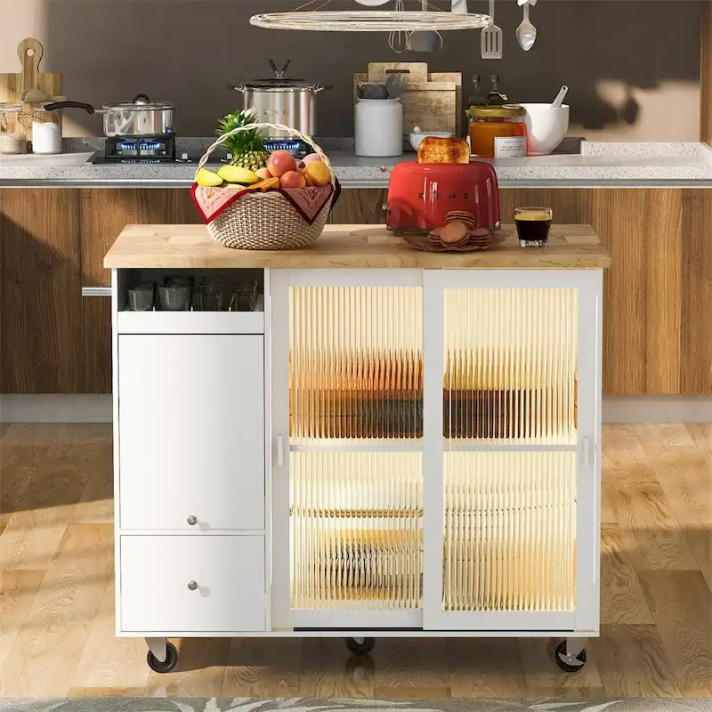 Kitchen Island with Drop Leaf,LED Light Kitchen Cart on Wheels