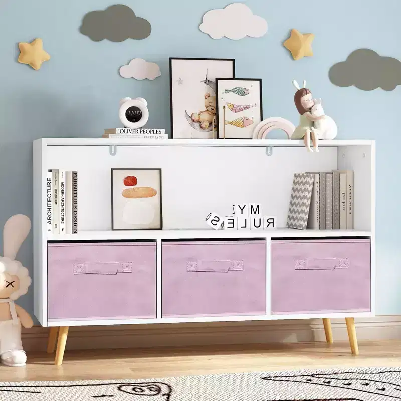 Children's Bookshelf 4-Cubby Toy Storage Organizer with Fabric Drawers