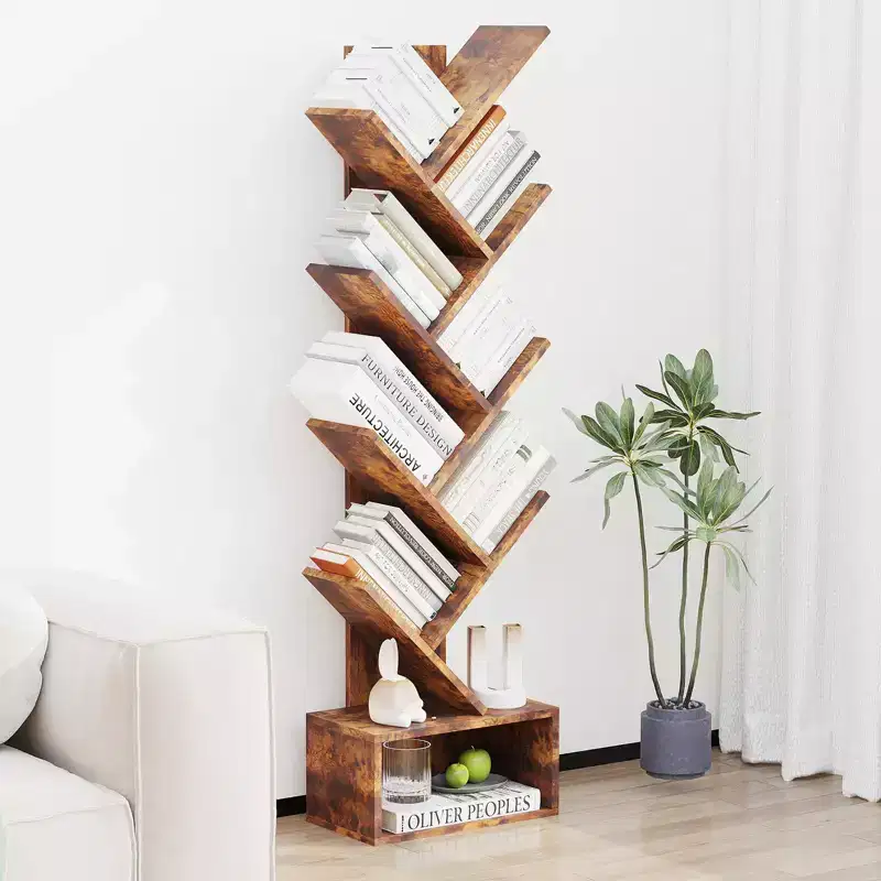 8 Tier Tree Bookshelf, Free Standing Tree Bookcase with Drawer, Utility Book Organizer Shelves, Floor Standing Book Shelf