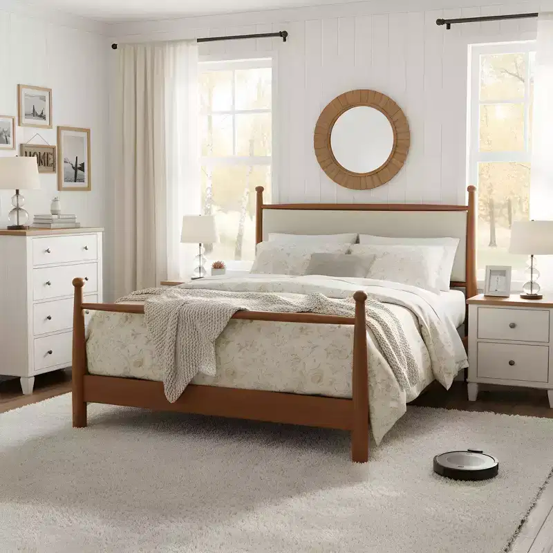 Queen/King Size Platform Bed Frame with Upholstered Headboard & Sturdy Solid Poplar Frame, Beige & Walnut