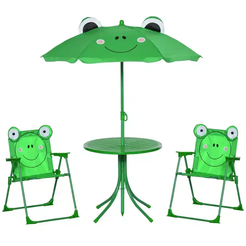Folding Kids Outdoor Picnic Table and Chair Set with Umbrella 4-Piece Green