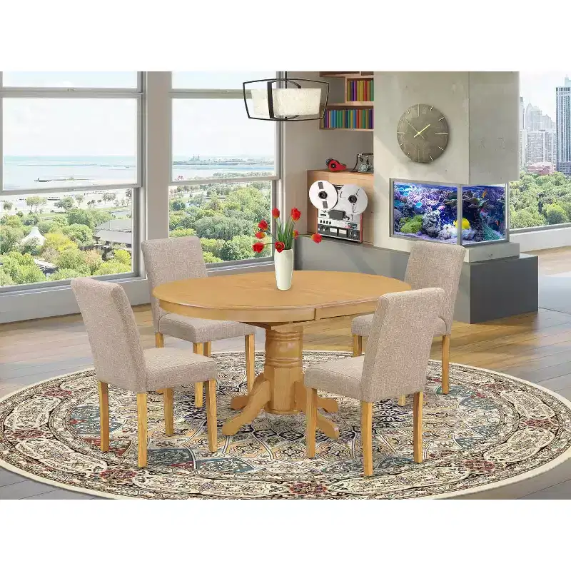 HomeStock Oval Kitchen Dining Set Oak Linen Fabric Chairs