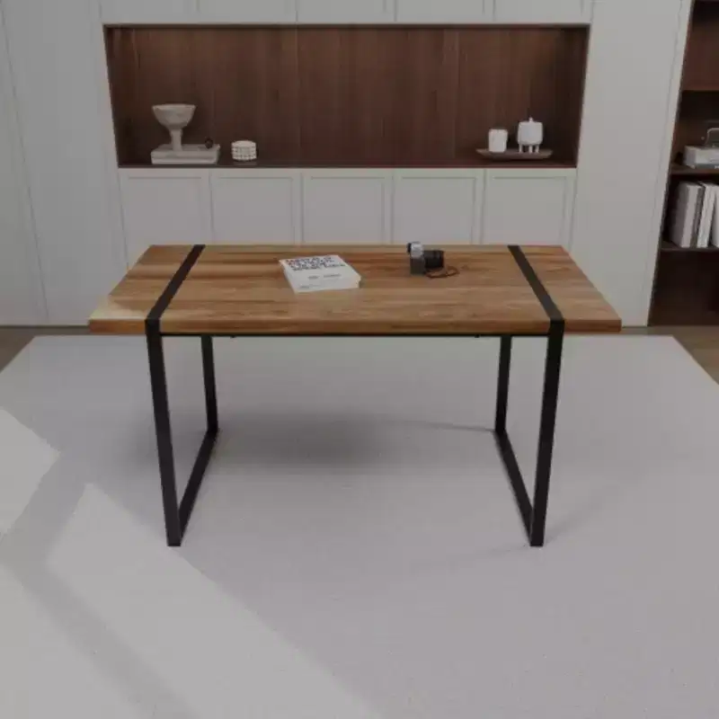 Modern Ind. Rect. MDF Nat. Wood Table (4-6), 1.5 Eng. Wood Top, Black Metal Legs, Home/Kitchen.