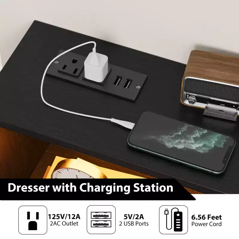 Black Chest of Drawer with Led Light Strip,Modern 6 Drawer Dresser,Charging Station,Open Shelf, Large Wooden Dresser Cabinet for Bedroom, Living Room