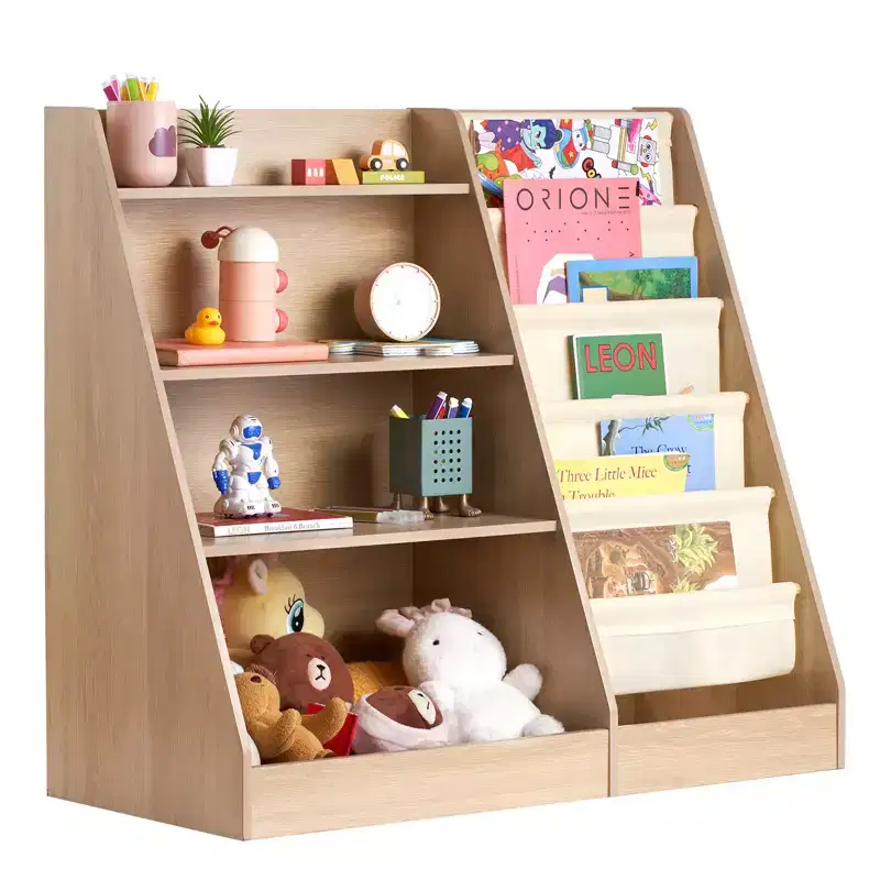 4-Tier Kids Wooden Bookshelf, Six-Layer Sling Bookcase, Baby Storage Book Rack, Book Toy Organizer Cabinet, for Kids Room, Playroom