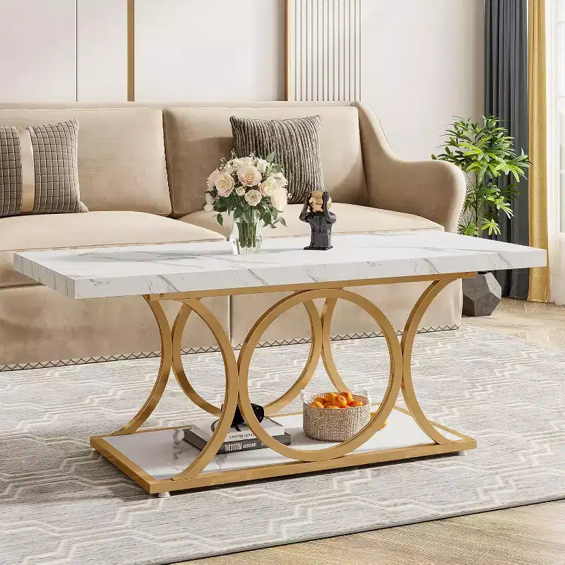 46.45-Inch Modern 2-Tier Coffee Table with Faux Marble Top, Geometric Legs, Storage Shelf for Living Room (White & Gold)