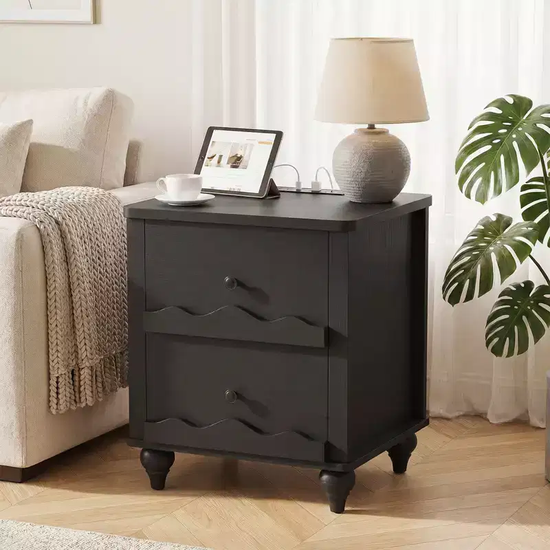 Wooden 2-Drawers Dresser with Charging Station, End Table Space-Saving, Modern Nightstand
