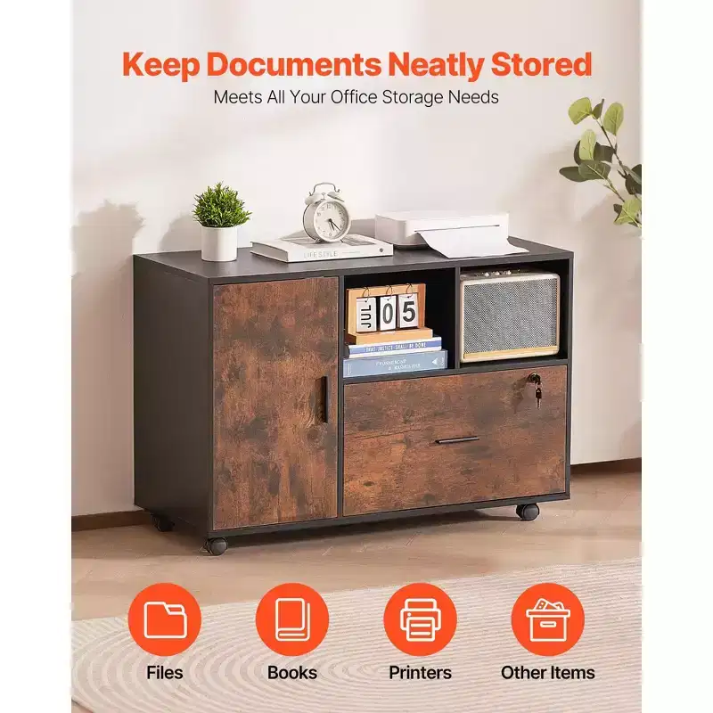 Mobile Wood File Cabinet with Open Shelves Locking Drawer Rolling Printer Stand Rustic Brown