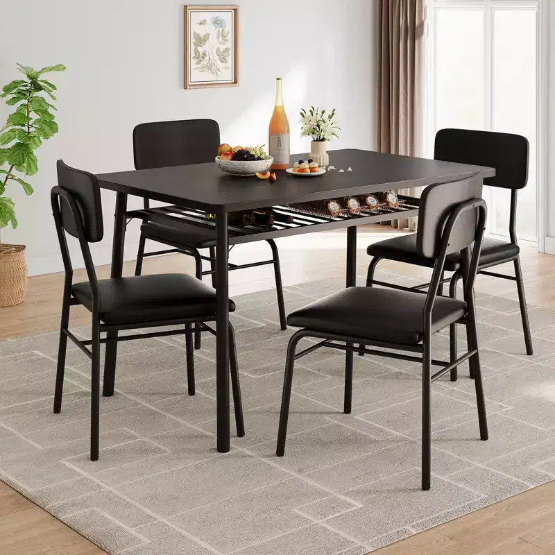 5-Piece Dining Table Set for 4, Wood Kitchen with Built-in Storage Rack,Small Kitchen Table with Upholstered Chairs and Metal Frame for Small Spaces