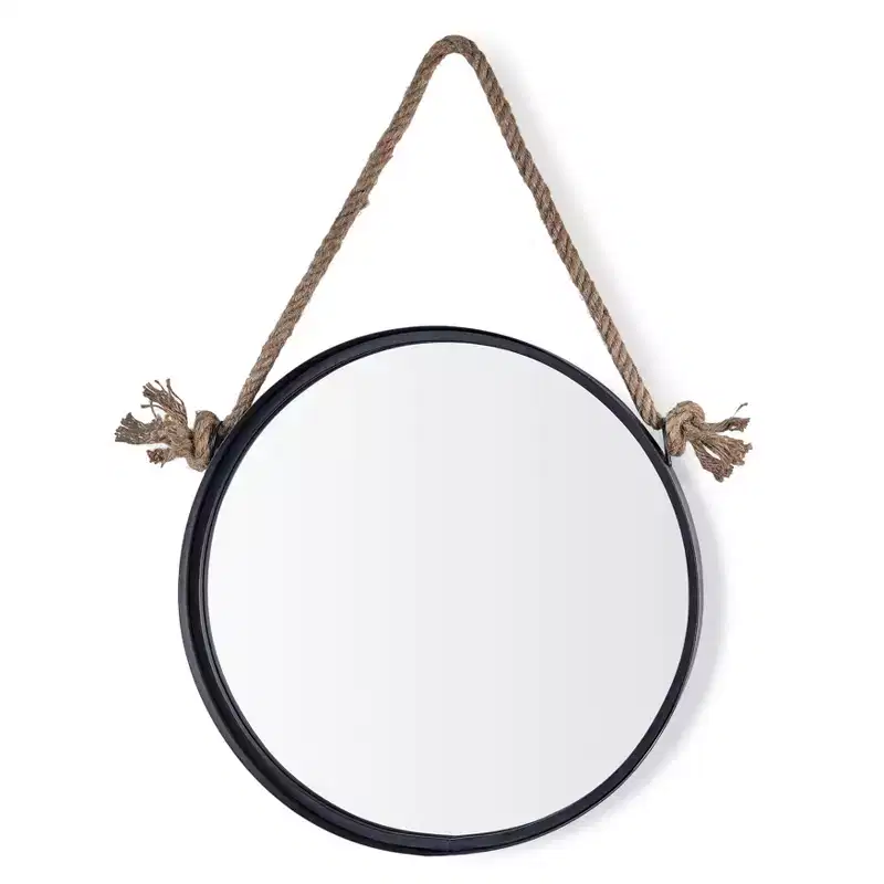 Black Iron Framed Round Accent Mirror with Hanging Rope - 15 in. or 18 in.