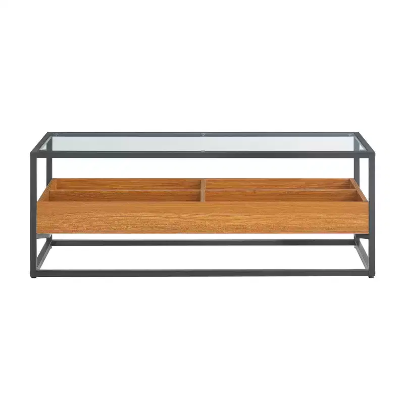 Saarinen Glass Top Coffee Table Golden Oak - Danya B.: Contemporary Scandinavian Style, Open Shelves, Storage, Matte Finish