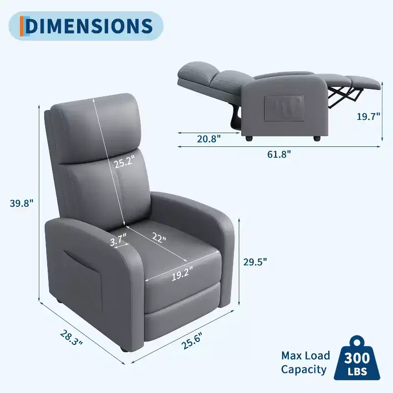 Recliner Chair for Adults, PU Leather Lazy Recliner Ergonomic Adjustable Single Sofa Enhanced with Side Pocket, Tall Back, Wide Arms & Padded Seat