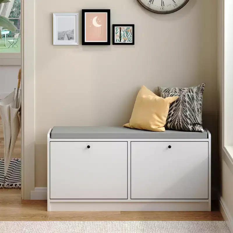 TUYOHW 39.7L Cushioned Storage Shoe Bench for Entrance,High Quality Wooden Entrayway Ottoman Bench with Cushion for Seating,White