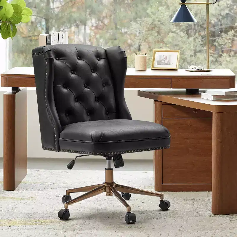 Hazel Traditional Faux Leather Wingback Office Chair — Tufted, Bronze Nailhead, Camel