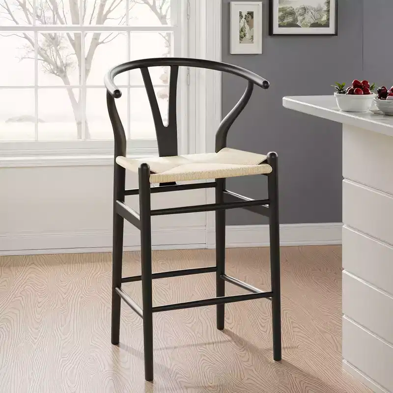 Beige Fully Assembled Wishbone Weave Bar Stool Modern Sturdy for Kitchen Island