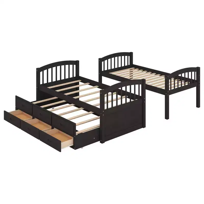 Twin over Twin Wood Bunk Bed with Ladder, Trundle & 3 Drawers – 400 lbs