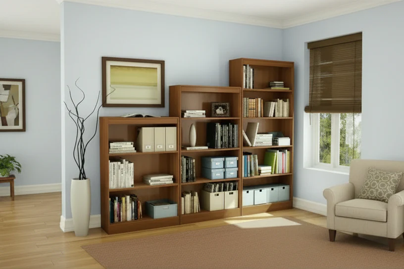 56" 4 Brown Decorative Bookshelf  Cherry: Vertical Particle Board Shelving, 25 lb Capacity, 56" Height