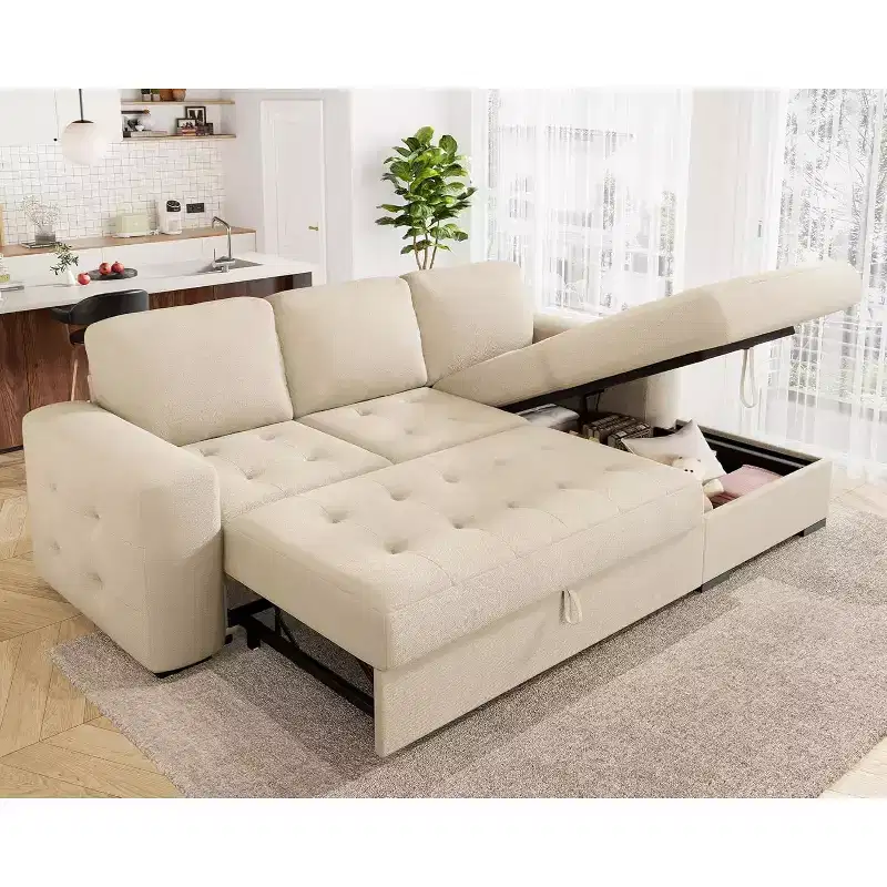96 Sofa Bed with Storage Chaise, Convertible Pull-Out Sleeper Couch for Living Room